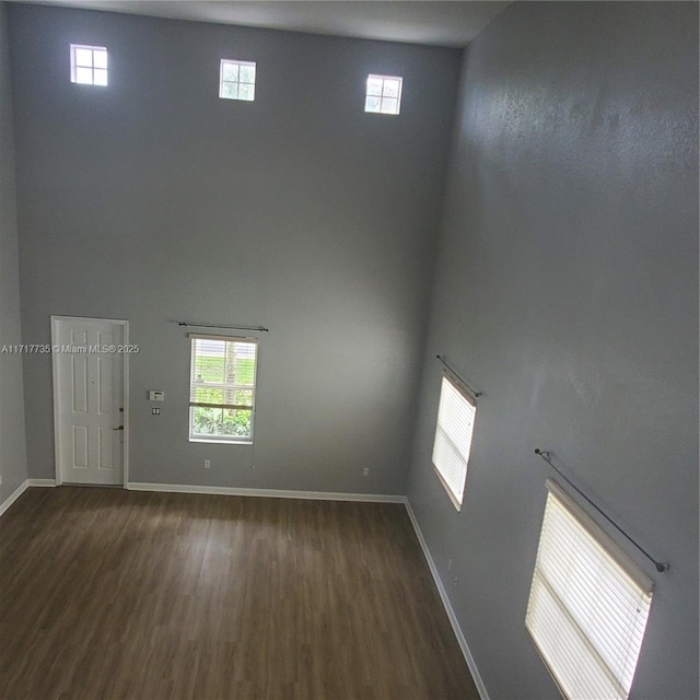 spare room featuring dark hardwood / wood-style flooring and a high ceiling