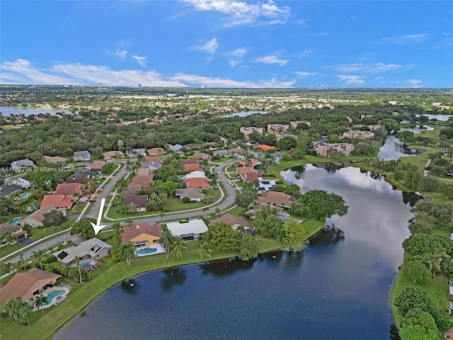 drone / aerial view featuring a water view