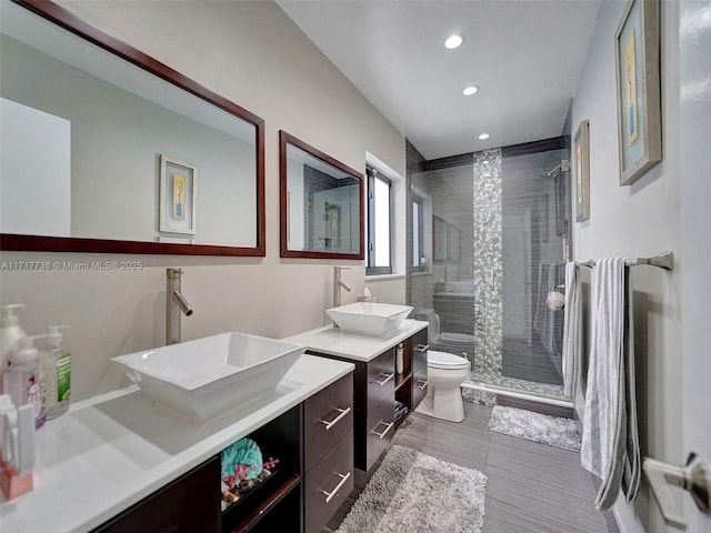 bathroom featuring vanity, an enclosed shower, and toilet