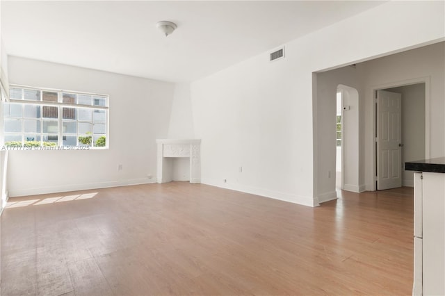 empty room with light hardwood / wood-style floors and a fireplace