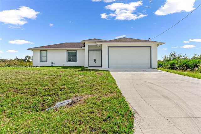 ranch-style house with a front lawn and a garage