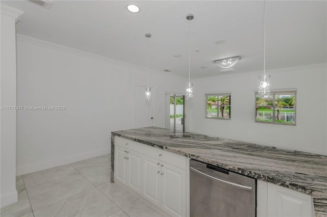 kitchen featuring dishwasher, pendant lighting, white cabinetry, and dark stone counters