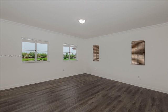 spare room with dark hardwood / wood-style floors and crown molding