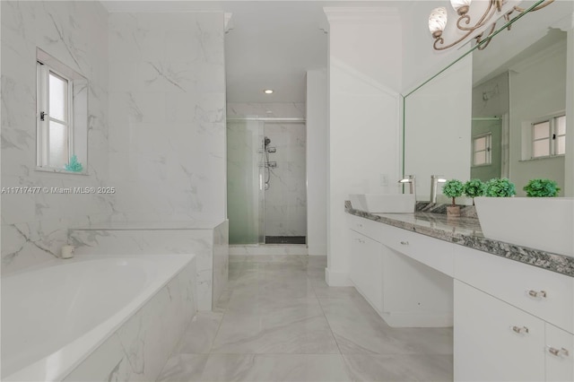 bathroom featuring vanity and plus walk in shower