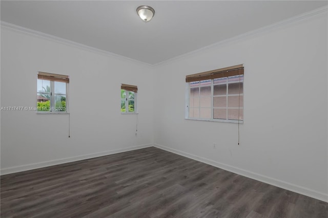 empty room with dark hardwood / wood-style floors, plenty of natural light, and ornamental molding