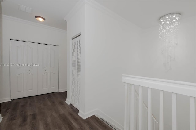 hallway with an inviting chandelier, dark wood-type flooring, and crown molding