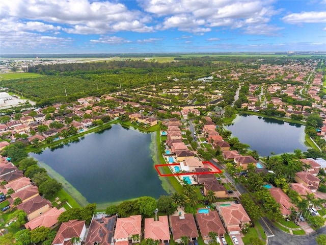 aerial view featuring a water view