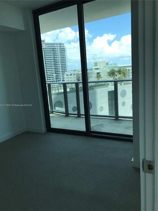 unfurnished room featuring floor to ceiling windows and carpet floors