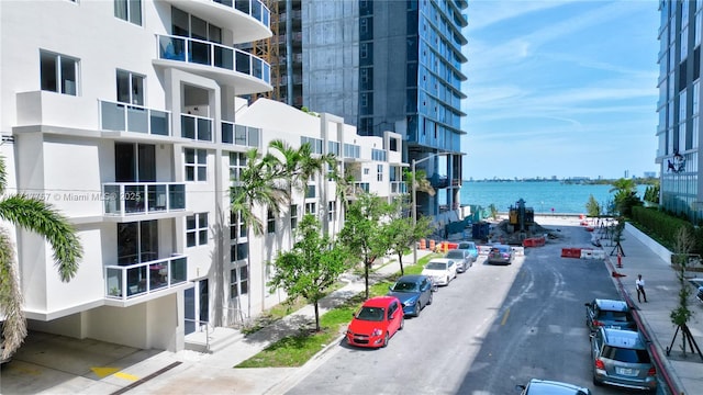 view of street with a water view