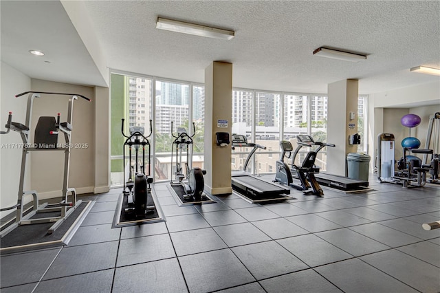 workout area with floor to ceiling windows, a textured ceiling, and a wealth of natural light