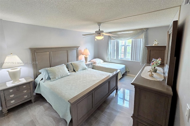 bedroom featuring a textured ceiling and ceiling fan