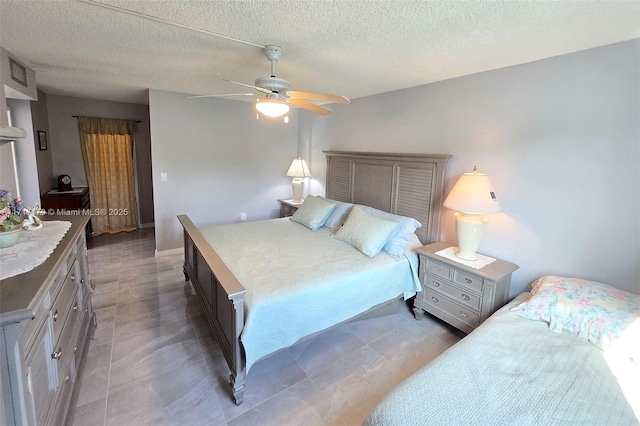 bedroom featuring ceiling fan and a textured ceiling