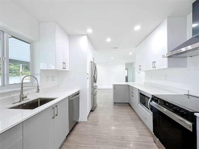 kitchen with wall chimney exhaust hood, sink, white cabinetry, and stainless steel appliances