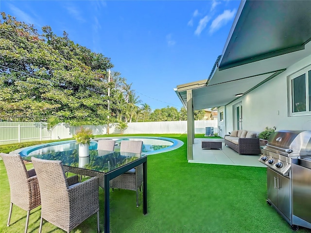 exterior space featuring an outdoor living space, a fenced in pool, and a grill