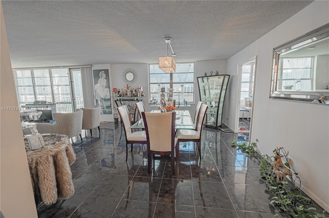 dining space with a textured ceiling