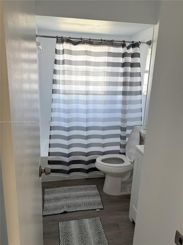 bathroom with vanity, toilet, and wood-type flooring