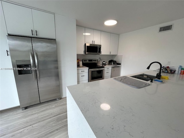 kitchen featuring sink, stainless steel appliances, kitchen peninsula, white cabinets, and light wood-type flooring