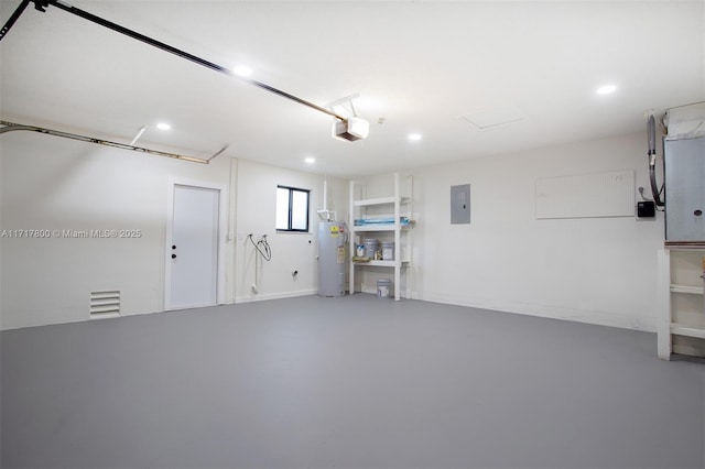 garage with electric panel, recessed lighting, water heater, and a garage door opener