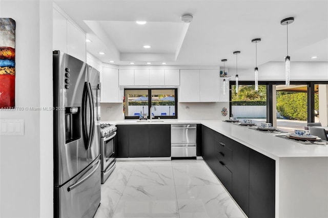 kitchen with pendant lighting, white cabinets, sink, appliances with stainless steel finishes, and a tray ceiling