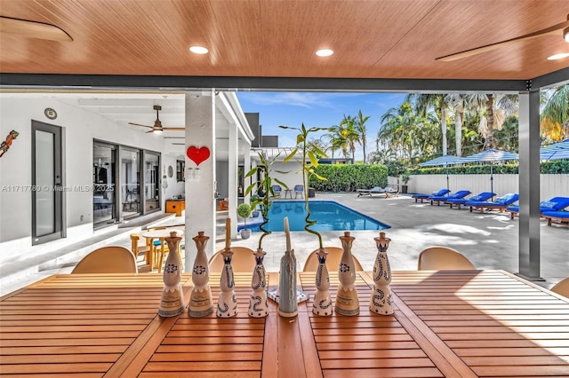 view of swimming pool featuring a patio area and ceiling fan