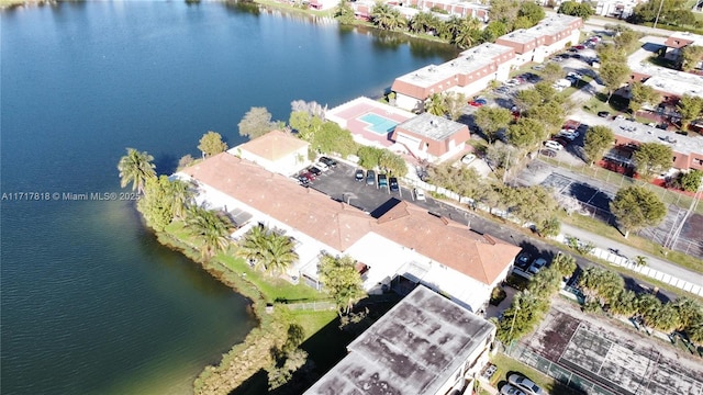 aerial view featuring a water view