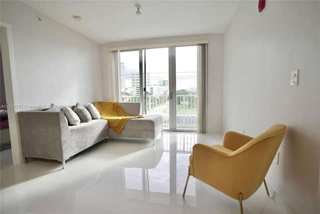 living room featuring light tile patterned floors