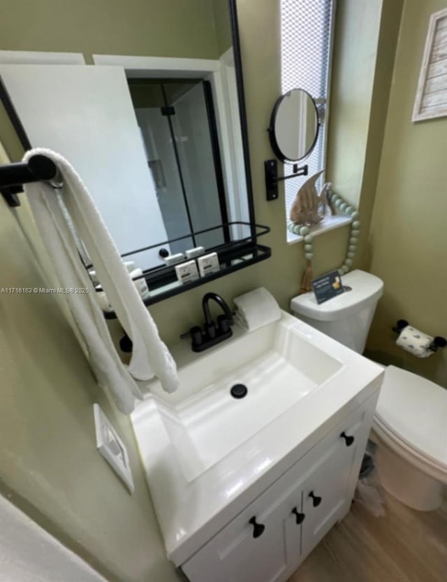 bathroom with vanity, toilet, and wood-type flooring