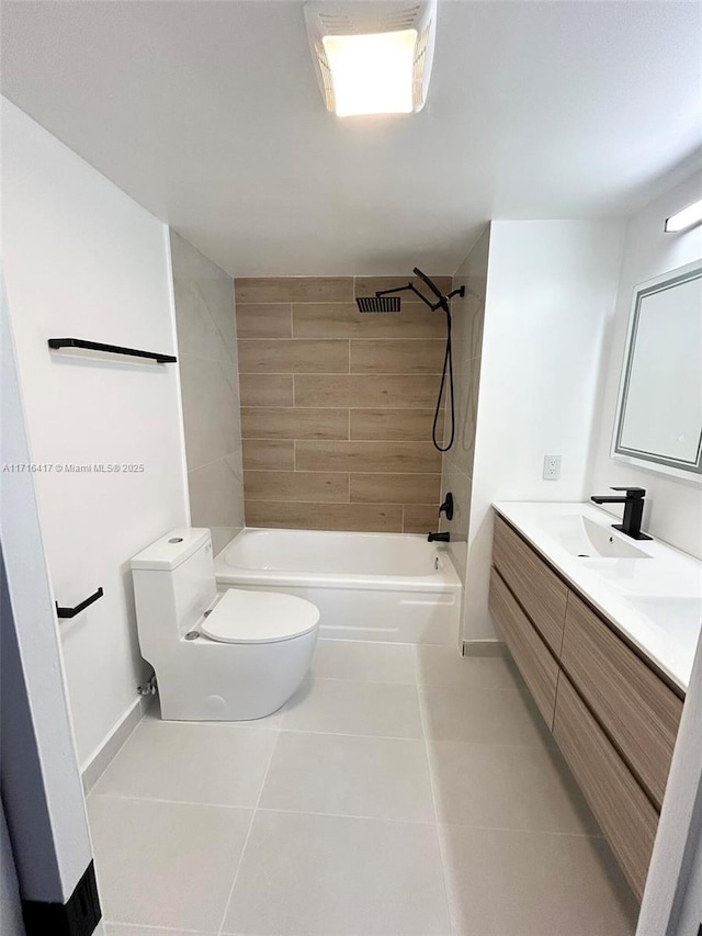 full bathroom featuring shower / bathtub combination, toilet, vanity, baseboards, and tile patterned floors