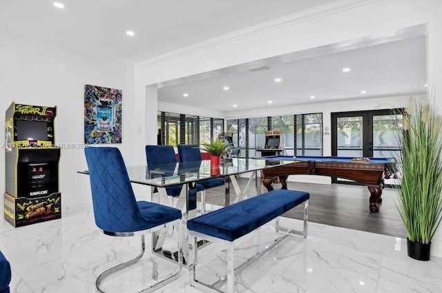 recreation room featuring crown molding, french doors, a healthy amount of sunlight, and pool table