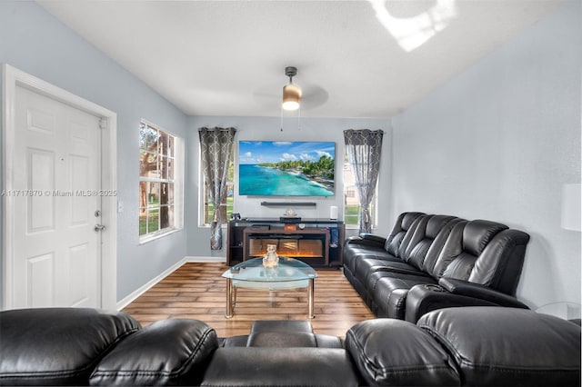 living room featuring ceiling fan, a textured ceiling, and hardwood / wood-style flooring