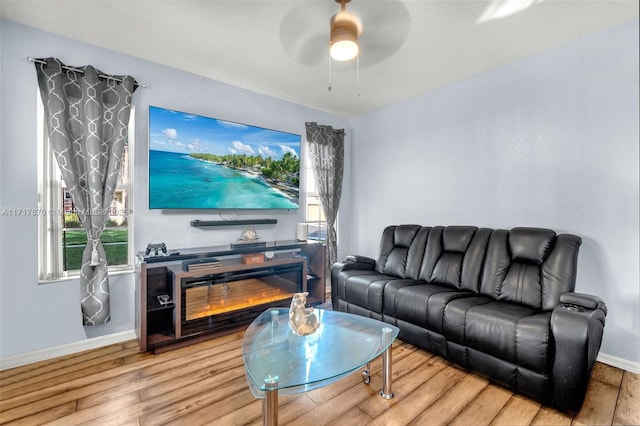 living room with hardwood / wood-style flooring and ceiling fan