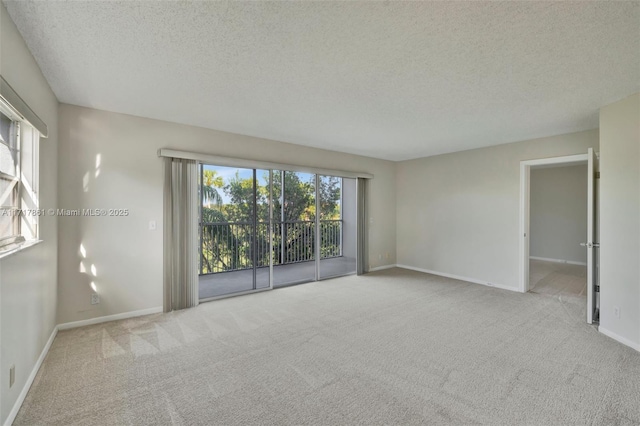 spare room featuring light carpet and a textured ceiling