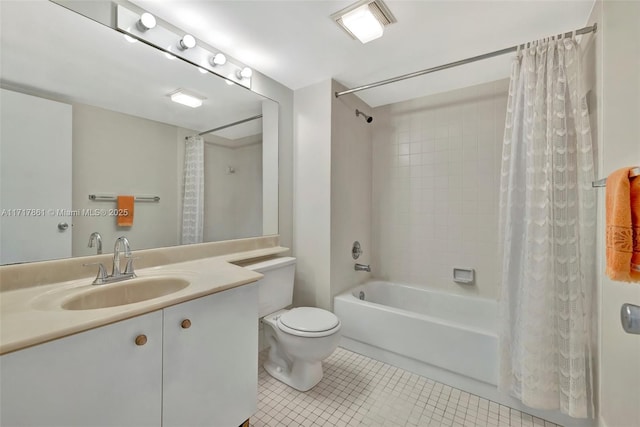 full bathroom featuring toilet, shower / tub combo, tile patterned floors, and vanity