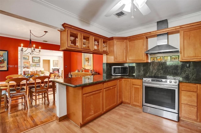 kitchen featuring appliances with stainless steel finishes, tasteful backsplash, wall chimney exhaust hood, crown molding, and kitchen peninsula