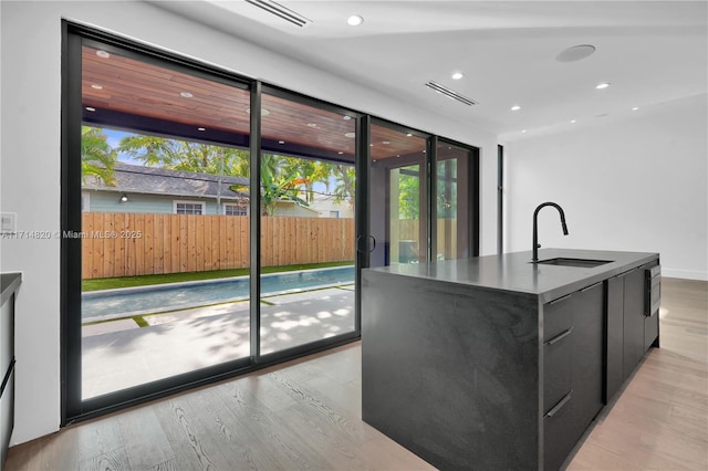 kitchen featuring a center island with sink, light hardwood / wood-style floors, and sink