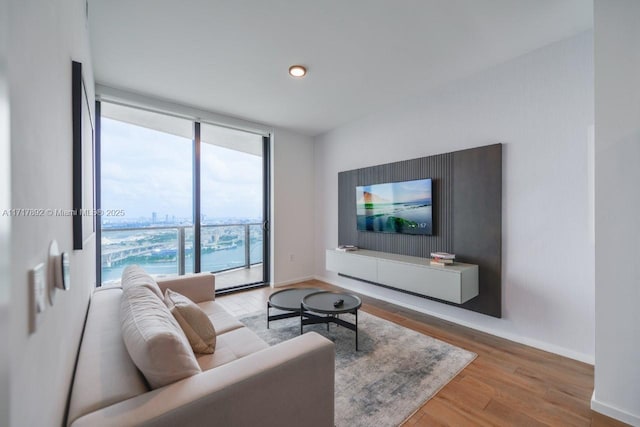 living room with light hardwood / wood-style floors, floor to ceiling windows, and a healthy amount of sunlight