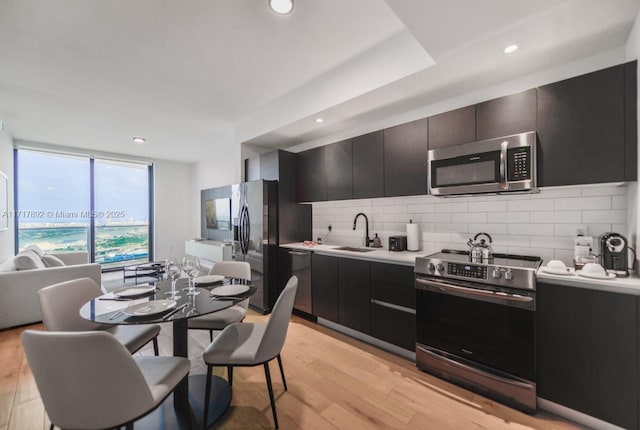 kitchen with backsplash, stainless steel appliances, light hardwood / wood-style floors, and sink