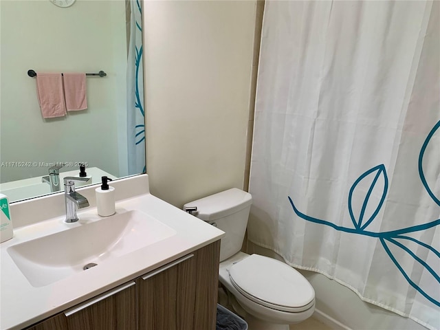 full bathroom with vanity, toilet, and shower / bathtub combination with curtain