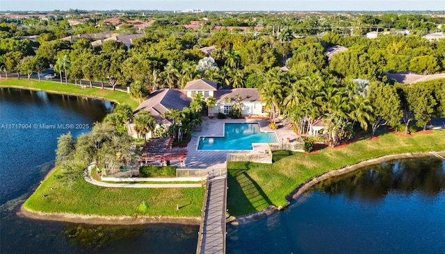 aerial view featuring a water view