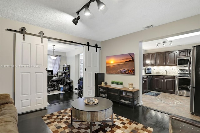 living room with a barn door, dark hardwood / wood-style flooring, a textured ceiling, and sink