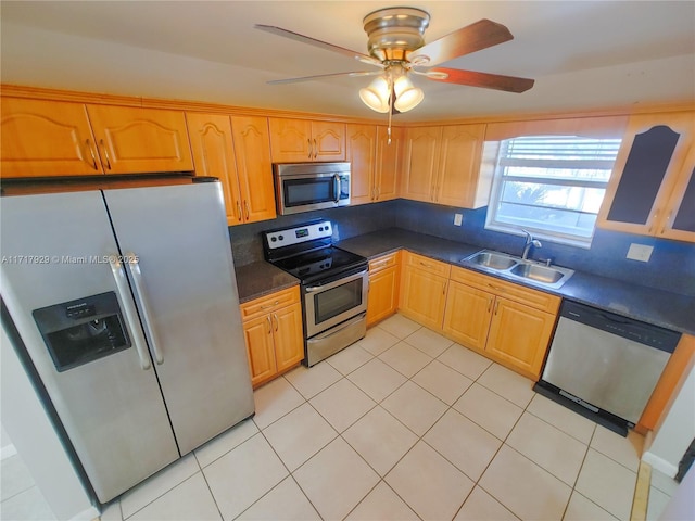 kitchen with decorative backsplash, sink, light tile patterned flooring, and appliances with stainless steel finishes