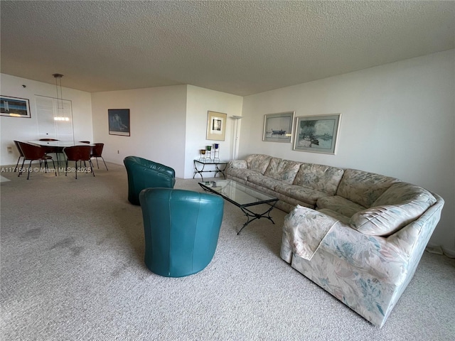 living room with carpet and a textured ceiling