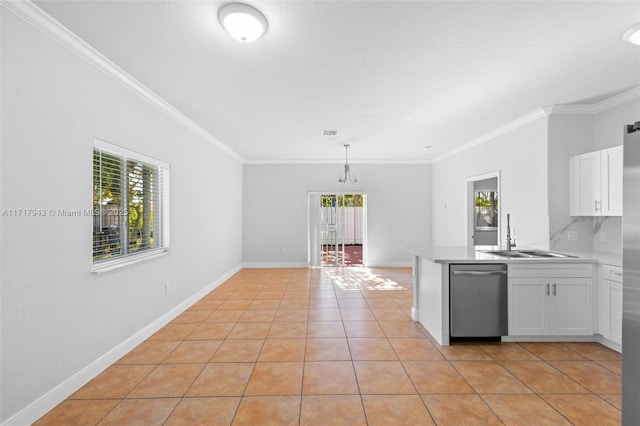 kitchen featuring dishwasher, crown molding, sink, light tile patterned floors, and white cabinetry