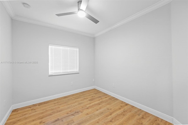 empty room with light wood-type flooring, ceiling fan, and crown molding