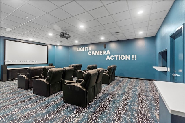 home theater featuring carpet flooring