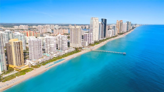 bird's eye view featuring a beach view and a water view