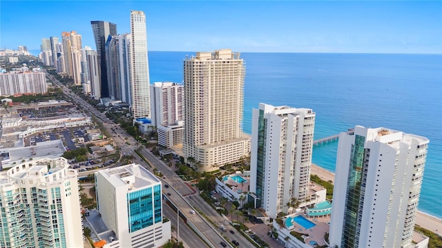 aerial view featuring a water view