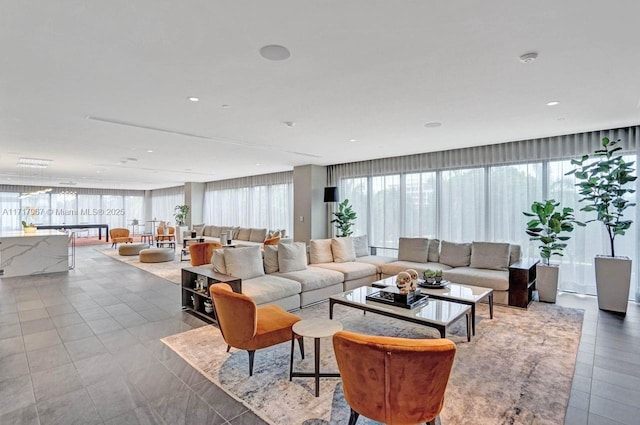 living room featuring tile patterned flooring