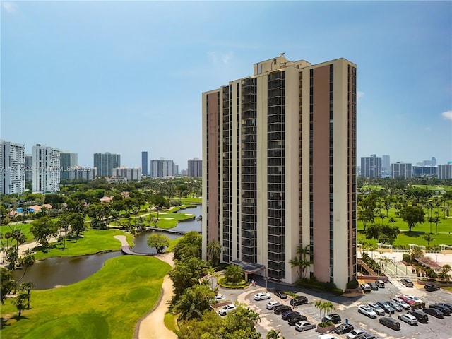 view of building exterior with a water view