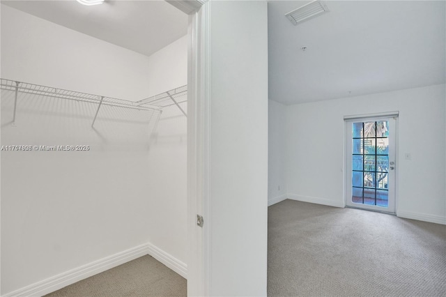 spacious closet featuring light colored carpet